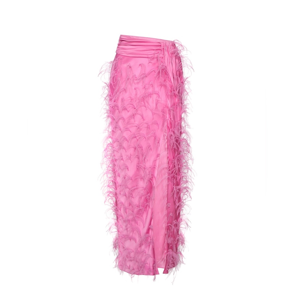 Sally LaPointe Pink Maxi Skirt with feathers